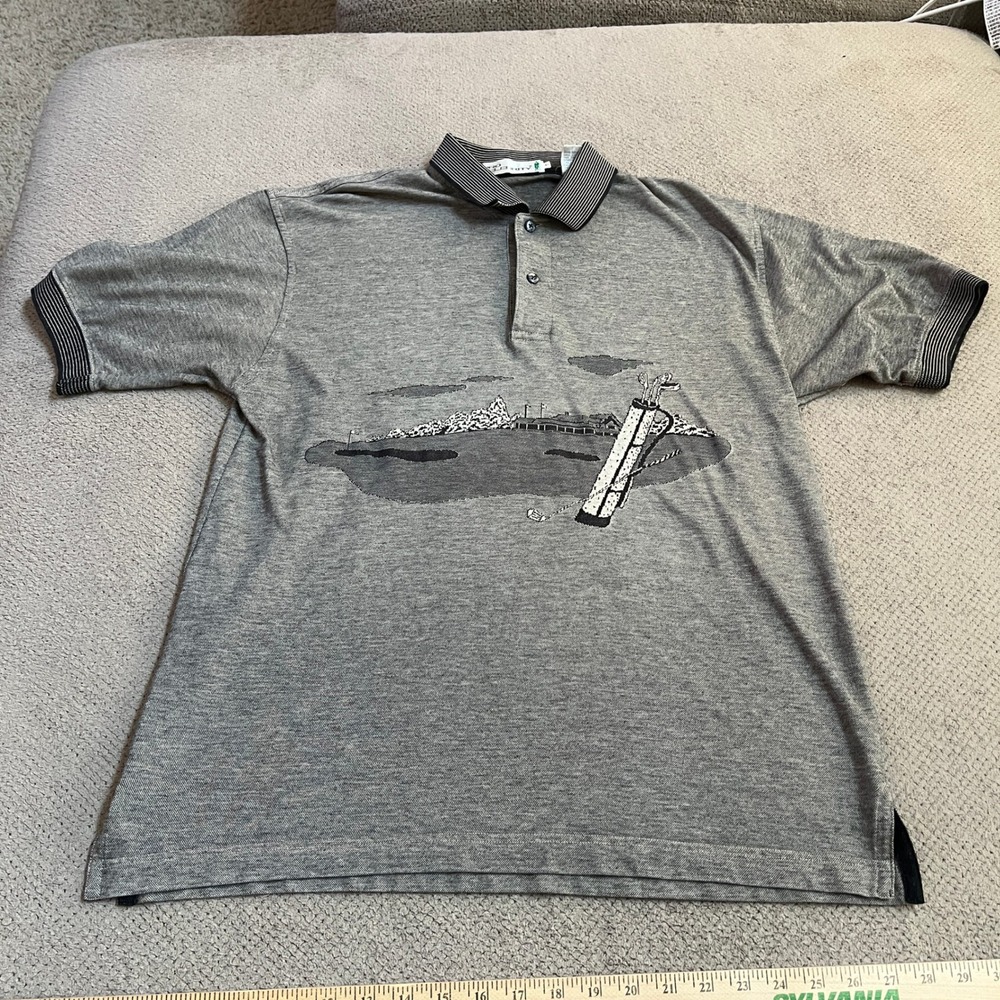 Vintage 1990s Pro Celebrity Golf Polo Shirt Gray Mens‎ Large Graphic Knit 90s